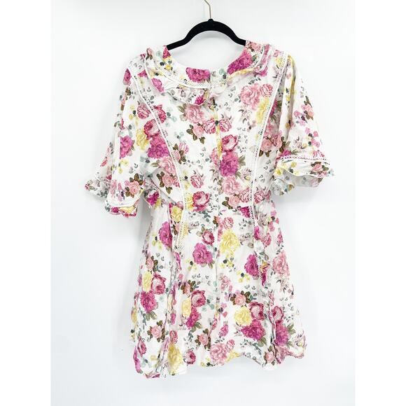 La Maison Talulah Tea Time Floral White Short Sleeve V-Neck Linen Mini Dress S - Picture 5 of 7